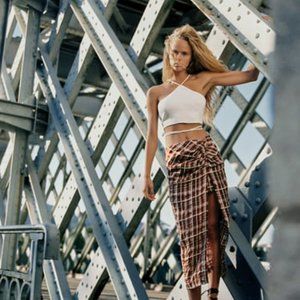 NWT Zara Size XS Brown Plaid Midi Skirt Bloggers Fav